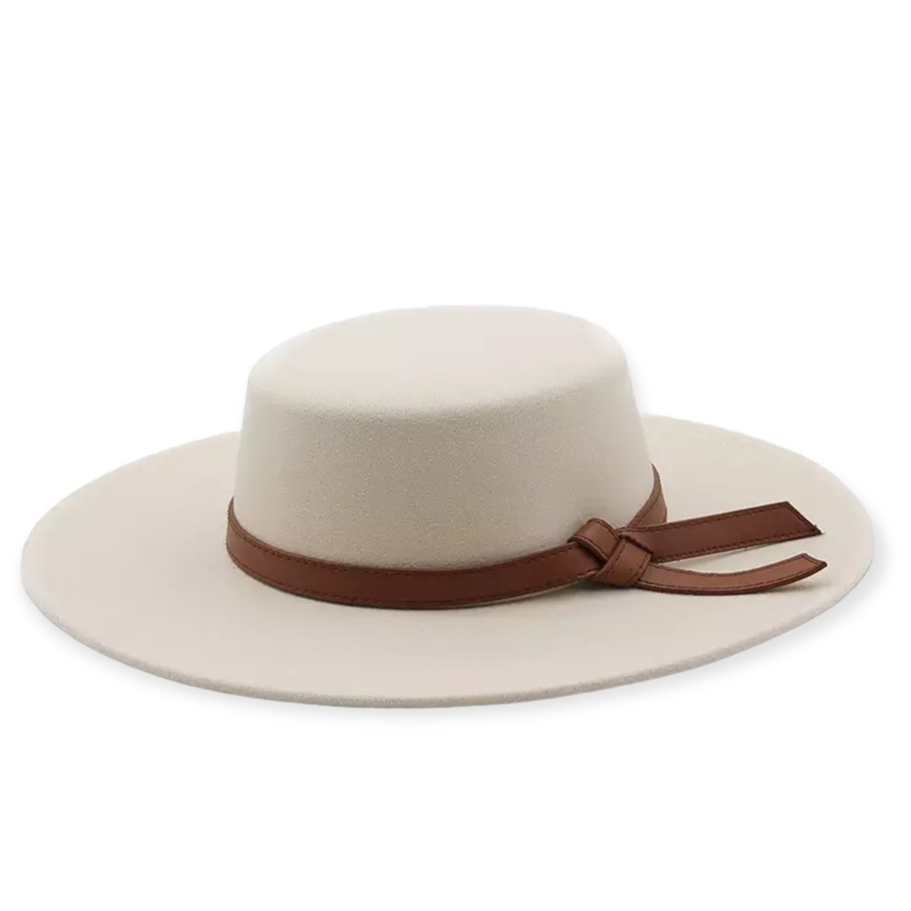Beige Round Crown Brown Leather Band Wide Brim Fedora Boater Hat NEW - Picture 2 of 4